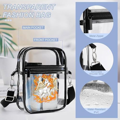 Unicorrn on Fire Clear Crossbody Bag Stadium Bag Adjustable Side Shoulder Bags Messenger Bag with 2 Compartments4