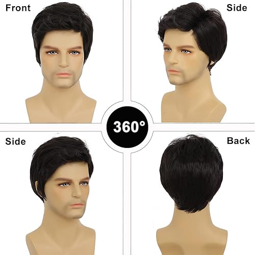 Miniatura 2 de Dai Cloud Pelucas negras para hombre, parte lateral corta, natural, esponjoso, sintético, para fiesta diaria, Halloween, cosplay, con gorra de peluca