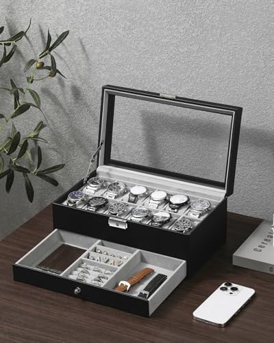 GUKA Watch Box 12 Slot Watch Display Organizer Leather Jewelry Case Drawer Glass Birthday for Men Women, Child Husband Dad2