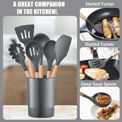 Image of Barebeauty 12 Pcs Silicone Kitchen Utensils Set with Holder Heat Resistant Silicone Spatula | Turner Set Wooden Spoons Kitchen Tools | Cooking Utensils for Nonstick Cookware (Grey)
