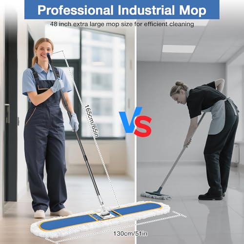 Image of CLDREAM 48 inch Large Commercial Industrial Dust Mop for Floor Cleaning | 2 Washable Cotton Mops Pads /Wet Dry Floor Duster Broom for Hardwood Floors Marble Laminate Tile Concrete Garage /Blue