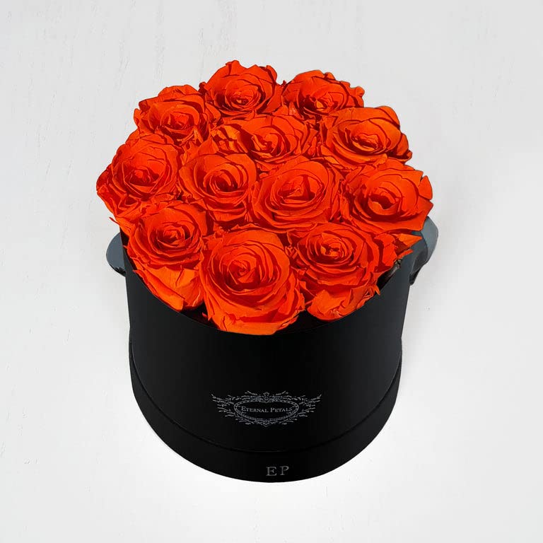 Eternal Petals A 100% Real Roses That Last Years, Handmade in UK – Dozen Roses, Round Black Flower Box (Orange)