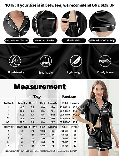 Image of Silk Pajamas for Women Satin Womens PJ Set 2 Piece Short Lounge Set Summer Sleepwear Notch Collar Button-Down Pjs