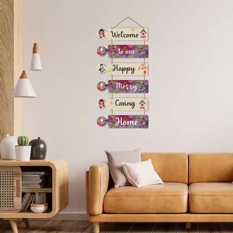 Image of Welcome to Our Happy Messy Caring Home Wall Hanging Decor | Wooden Hanging Quote for Living Room, Bedroom, Entrance | Home Decoration Item