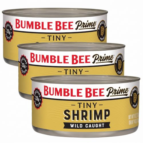 Bumble Bee Prime Tiny Shrimp, 6 oz Can - Wild Caught Canned Shrimp with 22g Protein - Peeled and Deveined Ready to Eat Seafood (Pack of 3)