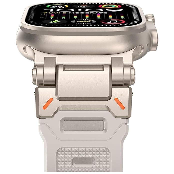 Image of MOROFY Durable Armor Silicone Band Compatible with Apple Watch Ultra 3 /2 /1 49mm Strap 46mm 45mm 44mm with Metal Connector Band for iwatch Series 11 10 9 8 7 SE2 6 5 4 - Starlight