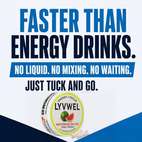 Image of LyvWel 72mg Caffeine Energy Pouches - Watermelon - Juicy, Refreshing Energy with Guarana - 5-Pack (80 Total Pouches)
