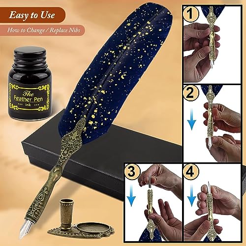 Image of Luxury Feather Quill Dip Pen Set with Stand & Blue Ink - Vintage Calligraphy Writing Kit with 2 Extra Nibs - Elegant Signature Pen Gift for Kids, Writers & Artists (Ink Feather Pen Blue)