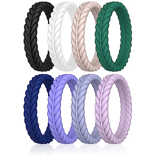 ThunderFit Silicone Wedding Rings for Women, Braided Pattern Engagement Bands 4.6mm Wide 2.2mm Thick - 1/8/9 Variety Multipack