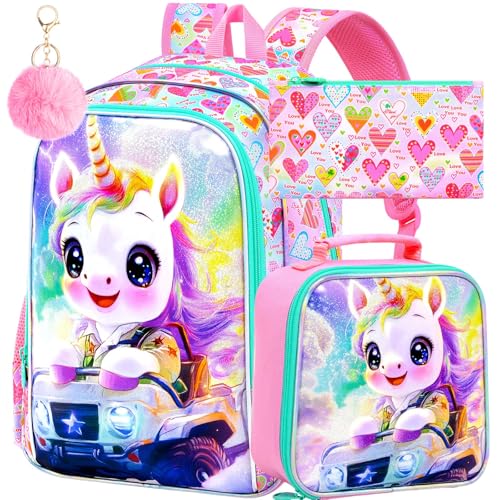 Image of 16 inch Unicorn Backpack for Girls, 3Pcs School Backpacks Set for Elementary Preschool Kindergarten, Kids Truck Bookbag with Lunch Box(Pink)