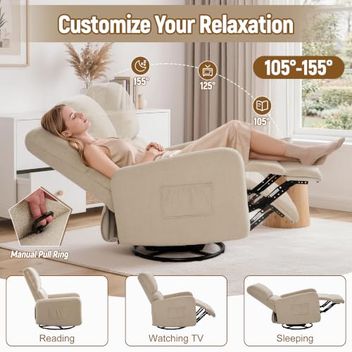 Image of Korser Recliner Chair, Nursery Rocker Chair with Side Pockets, Small Recliners for Small Spaces, Swivel Rocker Recliner Chair for Adults, Sherpa Swivel Accent Chairs for Living Room, Nursing
