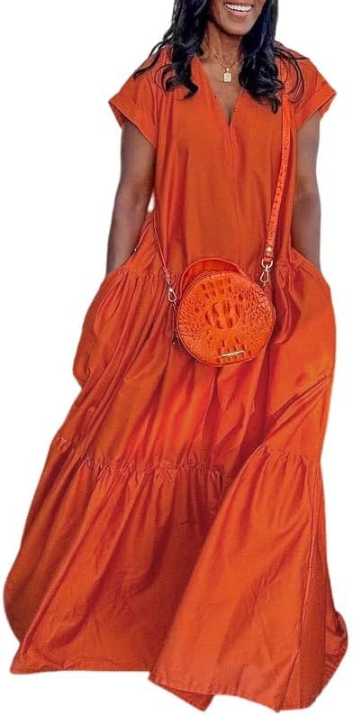 UOOZEE Women's Summer Short Sleeve V Neck Tiered Maxi Dress Flowy Loose Fit 2025 Boho Beach Dress with Pockets