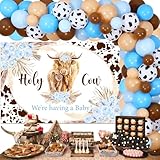 Picture of JOYMEMO Highland Cow Baby Shower Decorations for Boy - Blue Balloon Garland Arch Kit with Holy Cow Backdrop, Boho Floral Highland Cattle Baby Shower Party Supplies