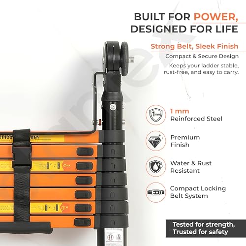 Image of Plantex (3.3+3.3m) (21.65 ft.) Telescopic Ladder /Carbon Steel A Type (Dual) Portable & Compact Ladder /Foldable Multipurpose Collapsible Ladder for Home & Outdoor Use - (Orange)