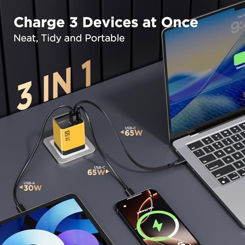 GaN Chargeur USB C 65 W, chargeur rapide à 3 ports, compatible avec MacBook Pro/Air/Neo, câble USB C intégré, chargeur rapide PPS & PD – vue 2