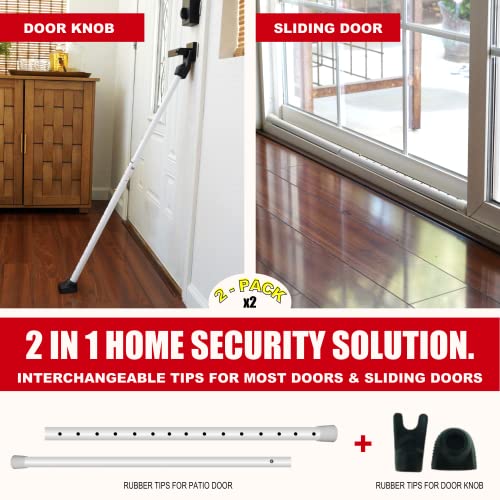 SECURITYMAN 2-in-1 Door Security Bar & Sliding Patio Door Security Bar (2 Pack) via Interchangeable Caps - Heavy Duty Iron Construction Door Stoppers for Home, Apartment, Travel Hotel - White