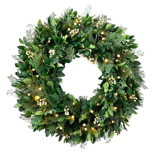 Balsam Hill 28 Inch Premium Prelit White Berry Cypress Artificial Wreath with Battery Powered Clear LED Lights