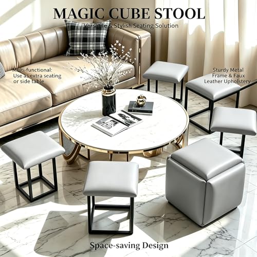 Image of 5 in 1 Nesting Ottoman Cube Chair, Stackable Stools, Leather Square Ottoman Bench, Foot Stool with Wheels for Living Room,Dining Room 15.75x15.75x16.54 inches
