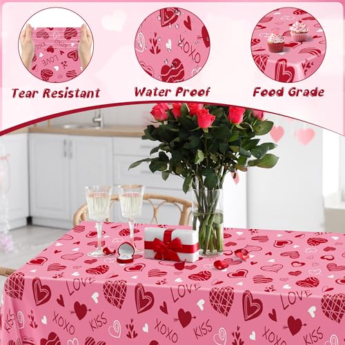 Image of 4 Pack Valentines Plastic Tablecloths, Disposable Valentines Party Favors, Romantic 54 inch X 108 inch Red Pink Table Cloth, Galentines Decorations Heart-shaped Love Tablecover for Wedding Happiness Decor