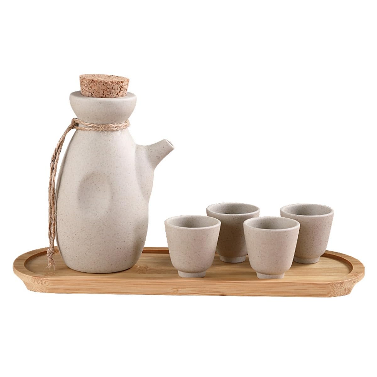 Service à saké japonais traditionnel en céramique avec 1 carafe à saké, 4 tasses à saké et 1 plateau en bambou