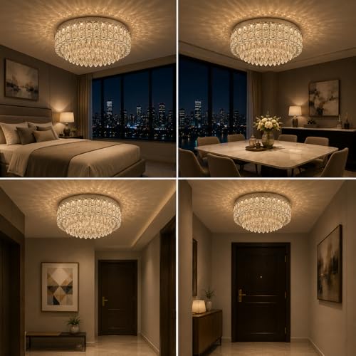Image of Modern Crystal Ceiling Light | 63W LED Chandelier /Jhoomer | Stainless Steel Pendant Lighting Fixture | 13 Inch | Warm White | Living Room, Hall, Bedroom & Dining Room