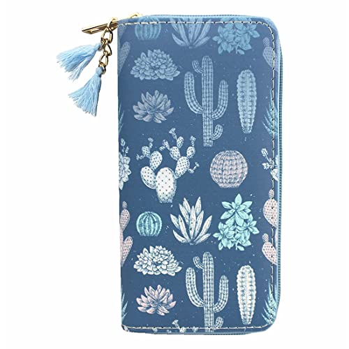 Cute Cactus Wallet for Girls Wallets Unicorn Long Wallets Long Purse Blue Cactus Clutch For Women With Tassels (Cactus A1010)
