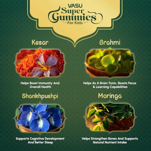 Image of Vasu Super Gummies for Kids (60 Gummies) - Enriched with Kesar, Moringa, Brahmi & Shankhpushpi | Supports Immunity & Gut Health | Pre+Probiotics | DHA, Vitamins & Minerals | No Added Sugar
