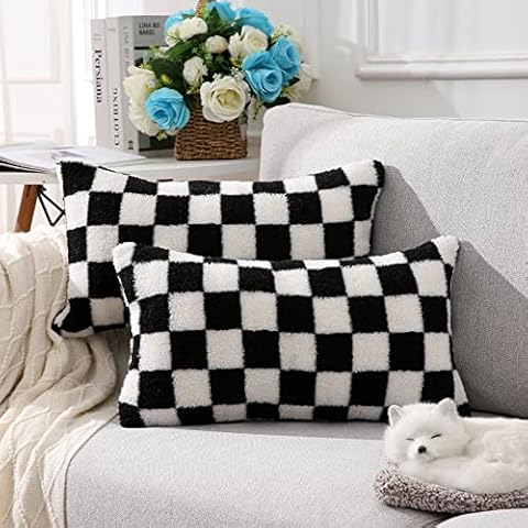 YAERTUN Set of 2 Checkerboard Decorative Throw Pillow Covers Cute Fluffy Plaid Lumbar Cushion Covers Faux Fur Wool Pillowcases for Couch Sofa Bed 12 x 20 Inch Black and White Cover