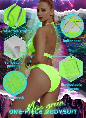 Reflective Rave Outfits for Women - EDC Festival Neon Bodysuit Mesh Lingerie Halter Swimsuit Party Stripe Jumpsuit3