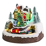 Christmas Village Buildings Decoration, Christmas Collectible Buildings Musical Christmas Village Santa Claus Climbing Christmas Tree with LED Lights & 8 Music Christmas Animated Decorations