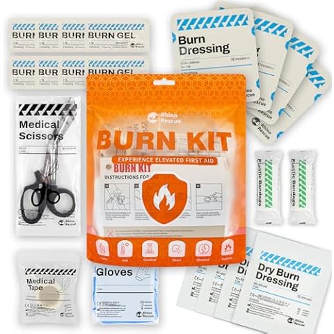 RHINO RESCUE Burn Kit, 4pcs Burn Dressings 4x4”, 8pcs Burn Gel Packets 3.5g, 4pcs Burn Pads, First Aid Kit Cooling Soothing Cream Relief with Bandage, Nitrile Gloves, Scissors, Tape, HSA/FSA Eligible Cover