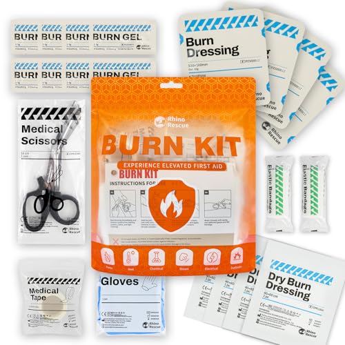 RHINO RESCUE Burn Kit, 4pcs Burn Dressings 4×4”, 8pcs Burn Gel Packets 3.5g, 4pcs Burn Pads, First Aid Kit Cooling Soothing Cream Relief with Bandage, Nitrile Gloves, Scissors, Tape, HSA/FSA Eligible