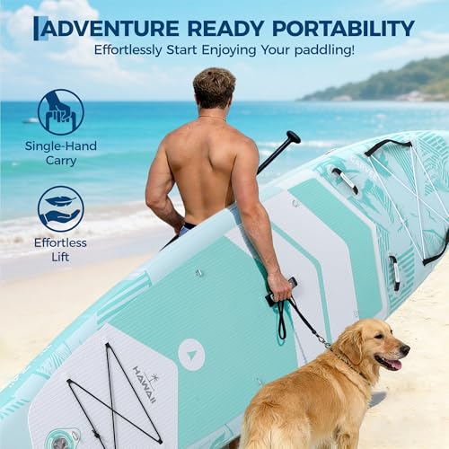Premium SUP Board Set, Stand Up Paddling Board Aufblasbar, Mit Universal Kamerahalterung, Komplettes Zubehör, Verstellbares Paddel, Anfänger, Fortgeschrittene (Blaugrünes Palmenblatt)