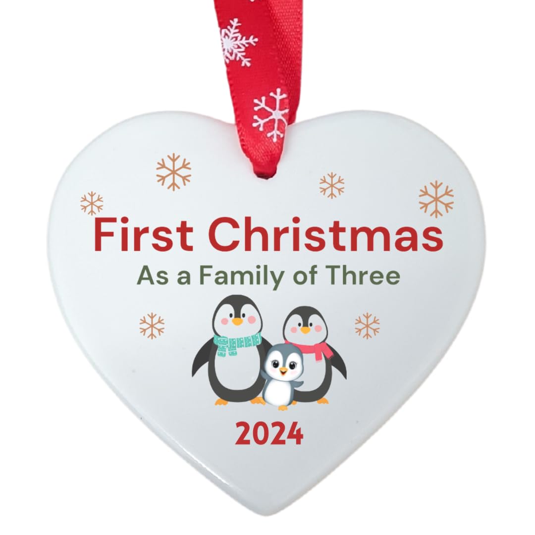 Second Ave First Christmas as a Family of Three Penguin Ceramic Hanging Heart Xmas Tree Decoration Bauble