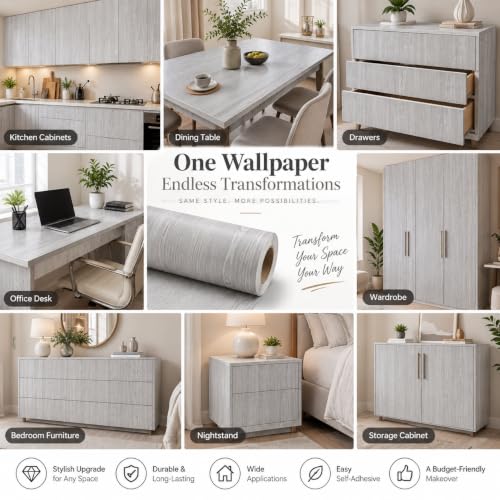 Image of HOME13 Wood Grain Wallpaper Peel and Stick Wood Contact Paper Self Adhesive Removable Thicken Wooden Wall Paper for Kitchen Cabinets Drawer Shelf Liner Waterproof(12x72 Inch, Grey Wooden)