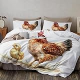 WunM Studio Copripiumino Matrimoniale 200x200cm, Set Copripiumino in Microfibra, Reversibile galline e pulcini 3 Pezzi, Copripiumone con Cerniera e 2 Federe, Motivi etnici ed elementi country