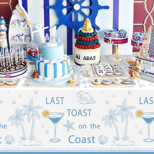 Image of K1tpde 3PCS Last Toast On The Coast Bachelorette Party Tablecloth for Adult, Coastal Themed Blue Wine Cup Shell Starfish Plastic Tablecloth, Disposable Tablecover for Bridal Shower Summer Party Decor