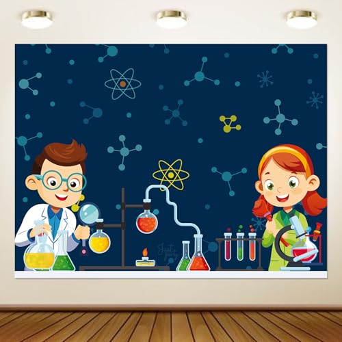 Image of Just Party Science Theme Birthday Backdrop | Colourful STEM Decoration Cloth Curtain for Boys & Girls | For Decoration