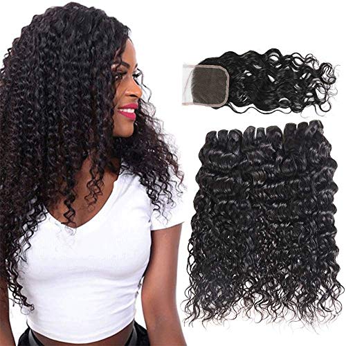 Ladiary 9A tissage brésilien Water Wave meches bresiliennes lot 3 avec closure non transformés cheveux naturel brésilienne Noir naturel 12 14 16+10