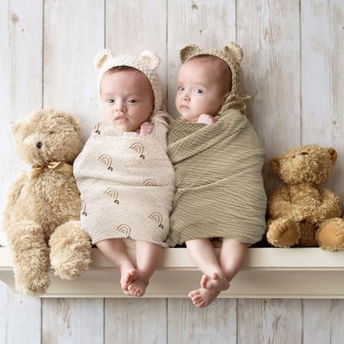 lulumoon Baby Muslin Swaddle Blankets: Soft Receiving Blanket for Newborn - Cotton Swaddling Blanket for Neutral 3Pack(Rainbow Khaiki)