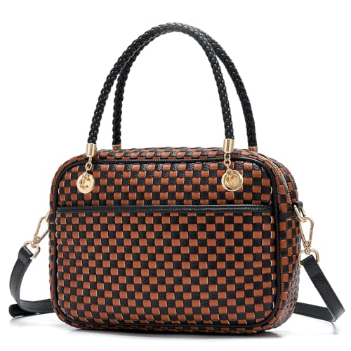 Woven Crossbody Bags for Women, Vegan Leather Two-Tone Satchel with