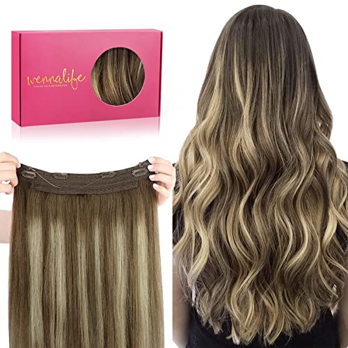 Image of WENNALIFE Wire Hair Extensions Real Human Hair 14 inch 75g Balayage Chocolate Brown to Honey Blonde Remy Hair Invisible Transparent Wire Straight Reusable Natural Easy to Apply Reusable for Volume