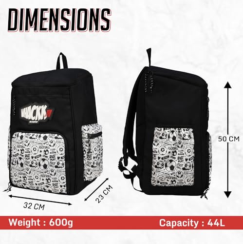 Image of WHACKK Figo Football Bag Black White 44L|Sports Backpack with Ball Holder, Detachable Wet Drawstring Pouch, Utility Pockets & Large Capacity for Gear
