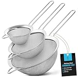 ELEEN Premium Stainless Steel Fine Mesh Strainers for Kitchen 3-Piece Set with Non-Slip Handle, Small, Medium & Large Sieves, Colanders and Sifter for Sifting, Straining, Pastas Tea, Rice Vegetables