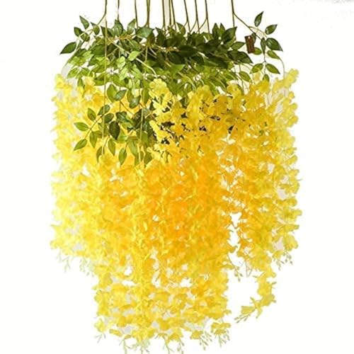 Image of Artificial Hanging Wisteria Flower Vine (Yellow) - Pack Of 6