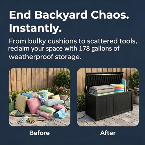Image of 178 Gallon Resin Deck Box with Gas Lift Support - Outdoor Storage for Patio Furniture, Garden Tools & BBQ Accessories - Weatherproof Wood Grain Design with 660 Lbs Bench Seat (Lockable Lid)