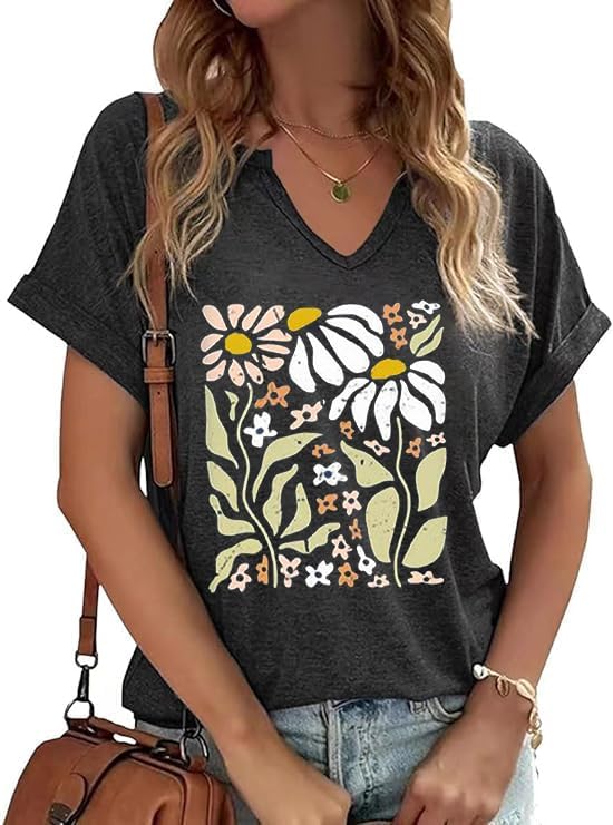 Vintage Flowers V Neck Shirt for Women Boho Floral Wildflowers Graphic Tee Casual C...