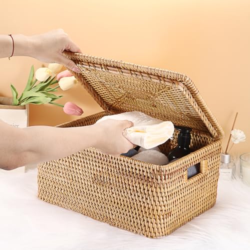 Hipiwe Wicker Storage Bins with Lid Handwoven Rattan Baskets Rectangular Decorative Shelf Baskets Bin with Handles Household Basket Boxes for Home Organizing,13.2"L x10.2"W x6.7"H - Image 6