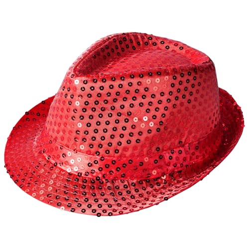 Aomig Sombrero de Lentejuelas, Chistera Glitter Unisex, Sombrero de Copa Accesorios de Discoteca de Años 70 para Carnaval Disfraz Fiesta Temática Fiesta de Lemas, Rojo