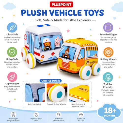 Image of PLUSPOINT Soft Pull Back Vehicle Set of 2 - Plush Baby Toy Cars with Ambulance & Donut Car Design, Soft Washable Pull Back Toys for Babies & Toddlers 2+ Years